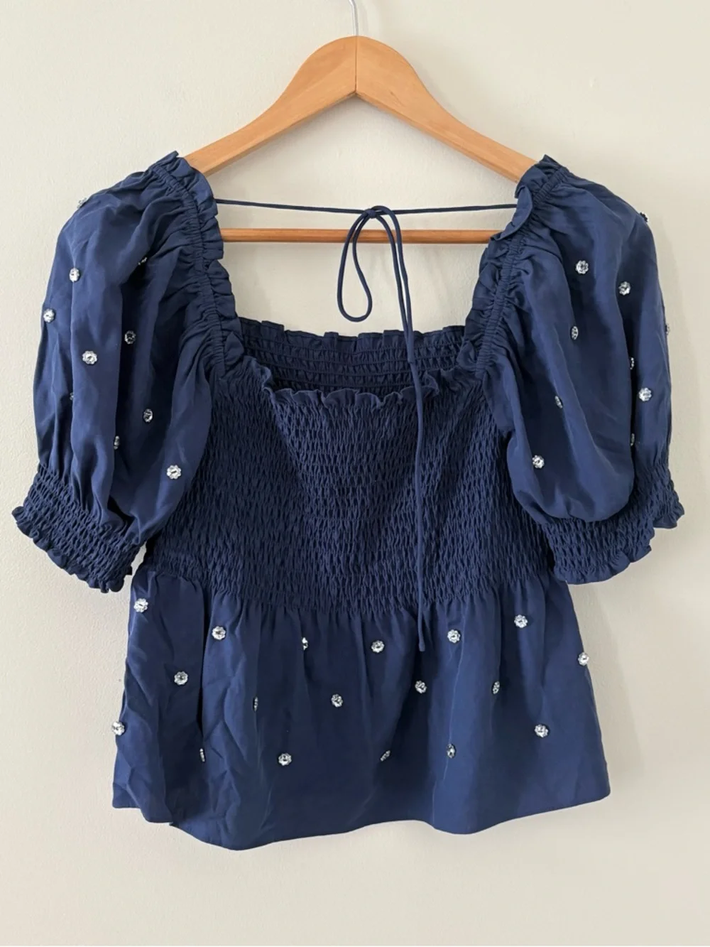 Hill House Home Jewel Jammy Top Navy Blue Smocked Peplum‎ Puff Sleeve Size M